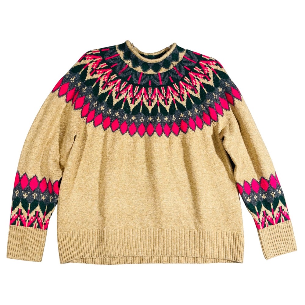 CeCe Women Sweater Fair Isle Nordic M Tan Pink Green Knit Pullover Retro Ski